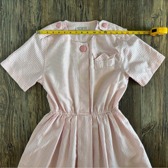 Vtg Lindsey Blake Petites Secretary Day Dress Sz 6P Soft Pink White Stripe Geek - Picture 5 of 10